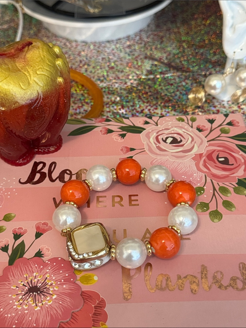 Gold-Tone Orange & Pearl Stretch Bracelet with Crystal Accent
